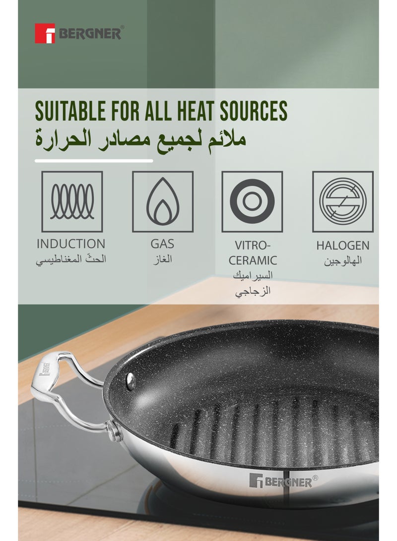 Bergner 26cm Triply Stainless Steel Grill Pan with Quantanium Nonstick Coating, Low-Oil Healthy Cooking Skillet for Meat and Vegetables, Fast Even Heating Frying Pan, Gas & Induction Compatible - Image 4